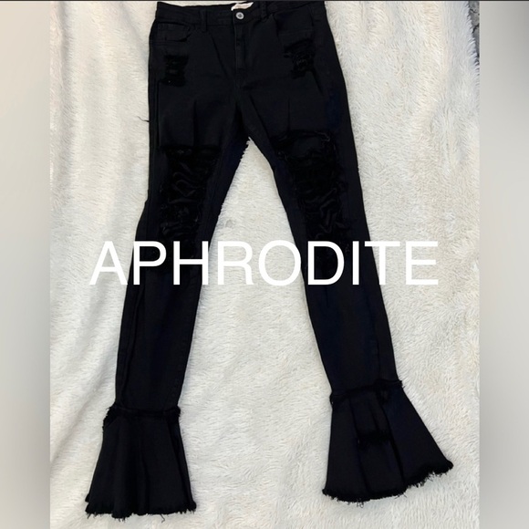 Aphrodite Ripped Bell Bottom Black Distressed Jeans. Juniors Size 11 (30) - Picture 1 of 6
